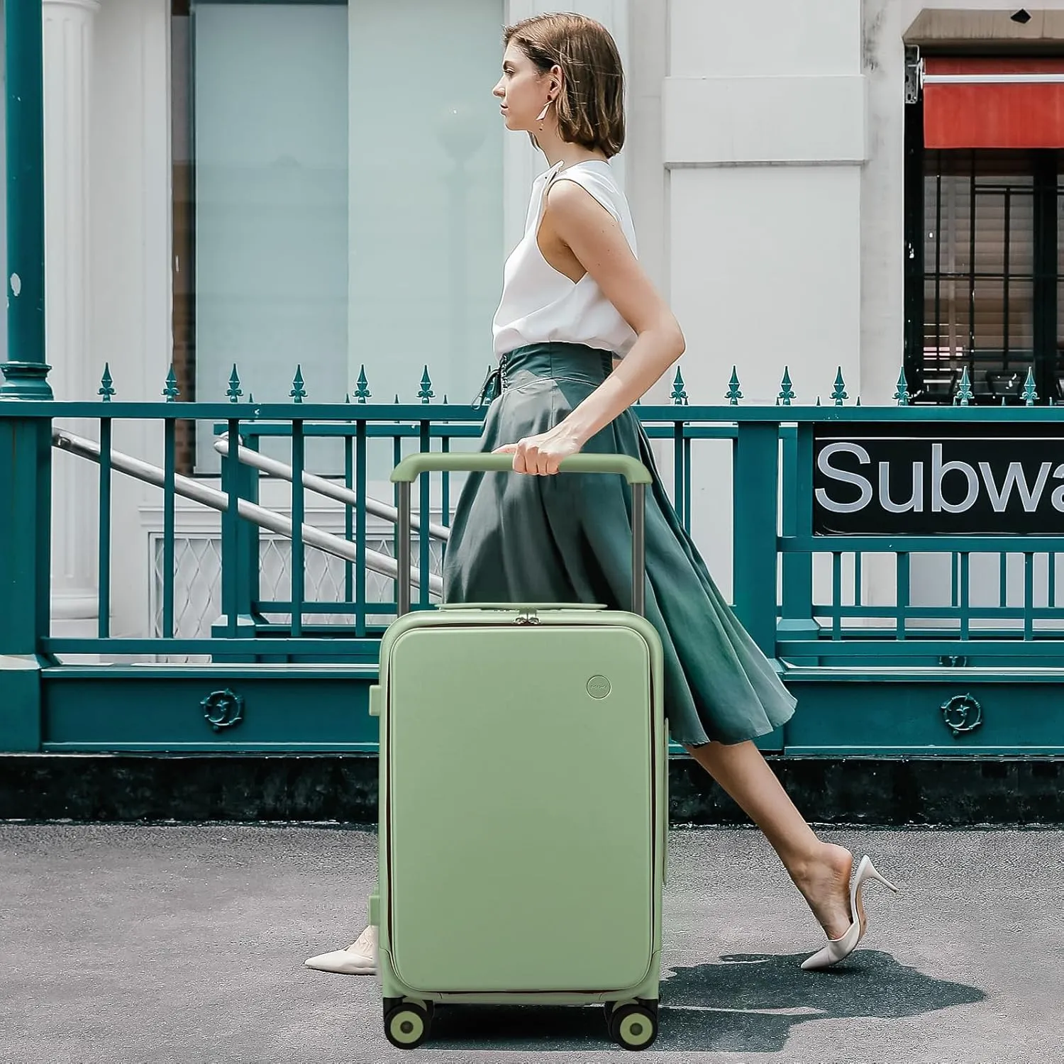 mixi Carry On Luggage Wide Handle Luxury Design Rolling Travel Suitcase PC Hardside with Aluminum Frame Hollow Spinner Wheels, with Cover, 20 inch, Avocado Green