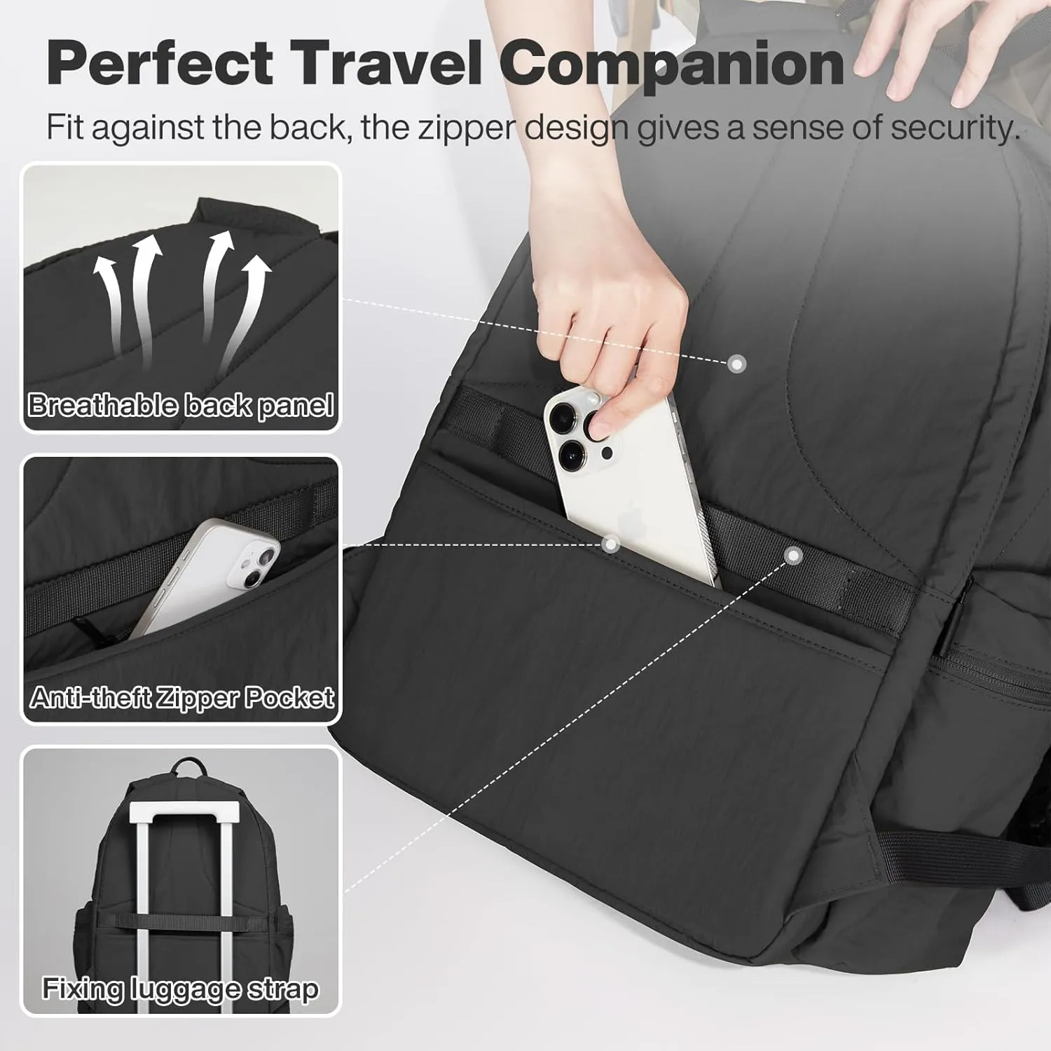mixi Outdoor Lightweight Backpack Casual Carry On Laptop Backpack Travel Bookbag for Women Men, Water Resistant Durable Small Hiking Bag for Camping Weekender Sports College Work, 15 Inch, Black