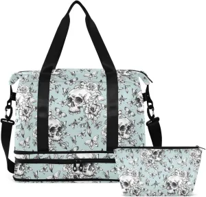 MNSRUU Travel Duffel Tote Bag Vintage Goth Skull Sports Duffel Bag with Wet Pocket Weekender Overnight Bag for Women Men Gym Bag, Carry On Bag Hospital Bag for Labor & Delivery