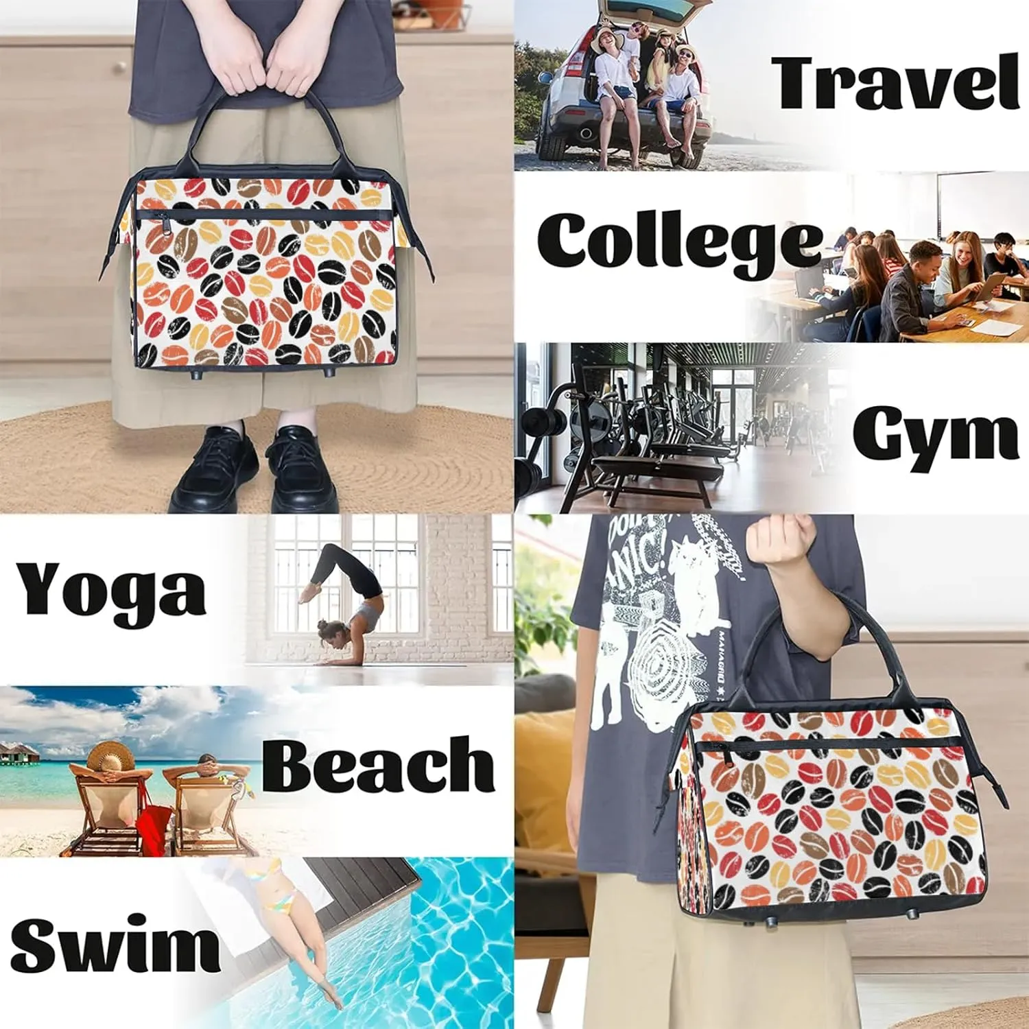 Modern Coffee Beans Colorful Travel Duffel Bag Gym Tote Bag for Women Men Waterproof Weekend Overnight Bag Carry On Tote Luggage with Pocket Personal Item Bags Sports Bag fit Travel Sports Gym Yoga