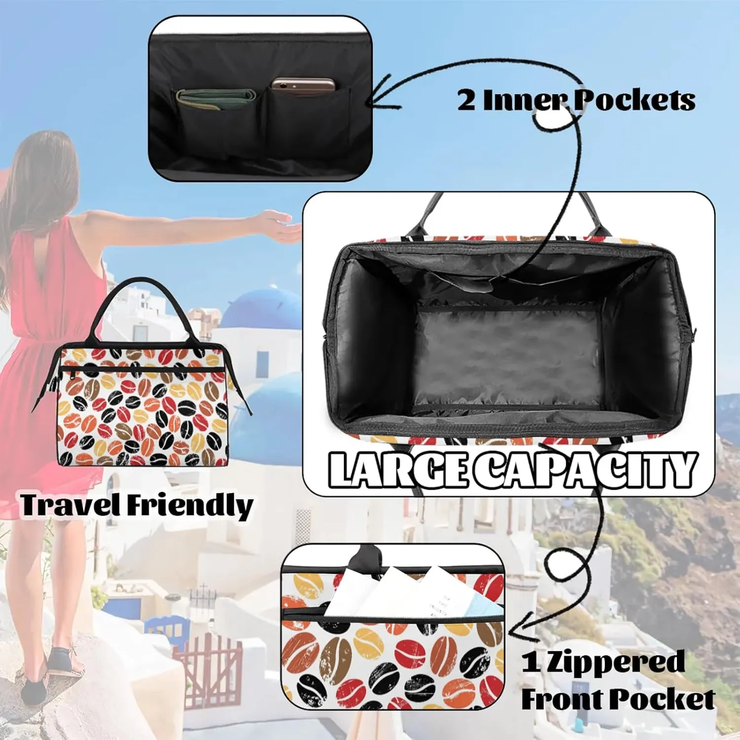 Modern Coffee Beans Colorful Travel Duffel Bag Gym Tote Bag for Women Men Waterproof Weekend Overnight Bag Carry On Tote Luggage with Pocket Personal Item Bags Sports Bag fit Travel Sports Gym Yoga