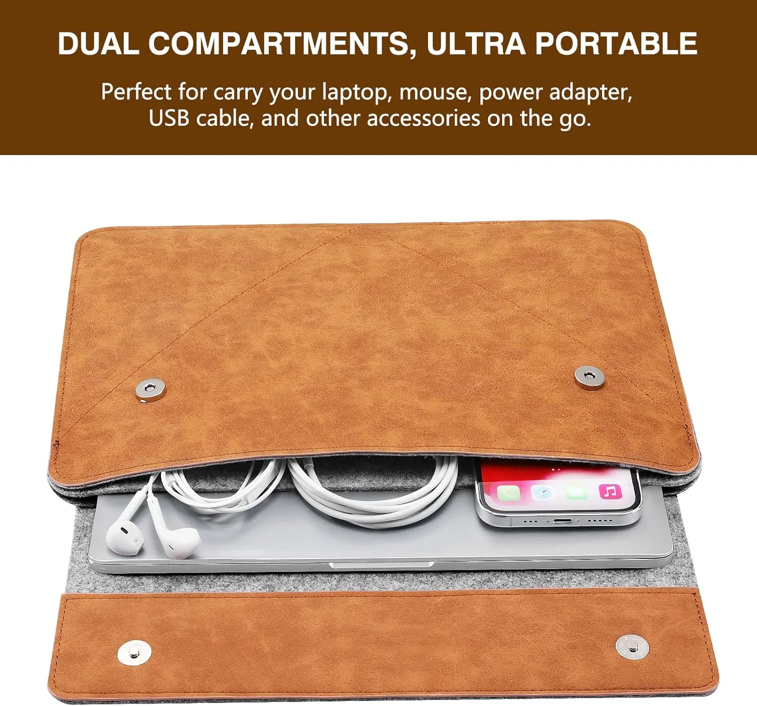 MoKo 13-13.3 Inch Laptop Sleeve Fits MacBook Pro 13" M2/M1, MacBook Pro 14", MacBook Air 13.3", iPad Pro 12.9", Surface Pro 9/8 13", Felt & PU Leather Case Bag with Pocket, Gray&Brown