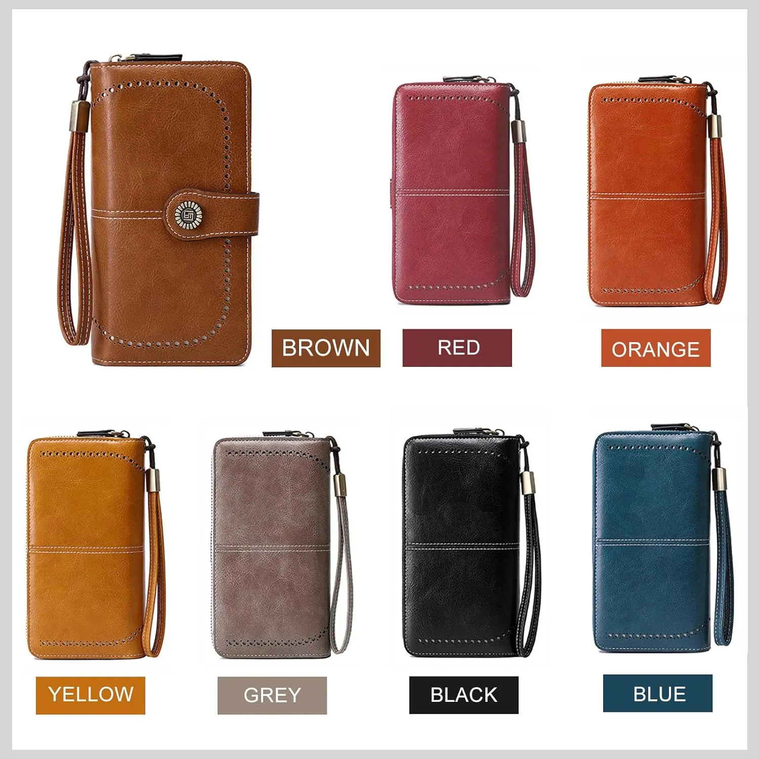 Mokoze Orange Wallet for Women, PU Leather Large Capacity Bifold Wallets with Wrist Strap and Zipper for Hold Credit Cards/Cell Phones/Keys, Girlfriends Mother's Day Gifts