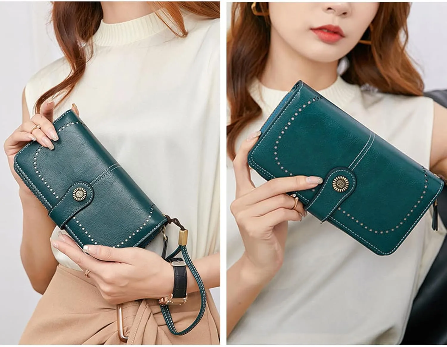 Mokoze Orange Wallet for Women, PU Leather Large Capacity Bifold Wallets with Wrist Strap and Zipper for Hold Credit Cards/Cell Phones/Keys, Girlfriends Mother's Day Gifts