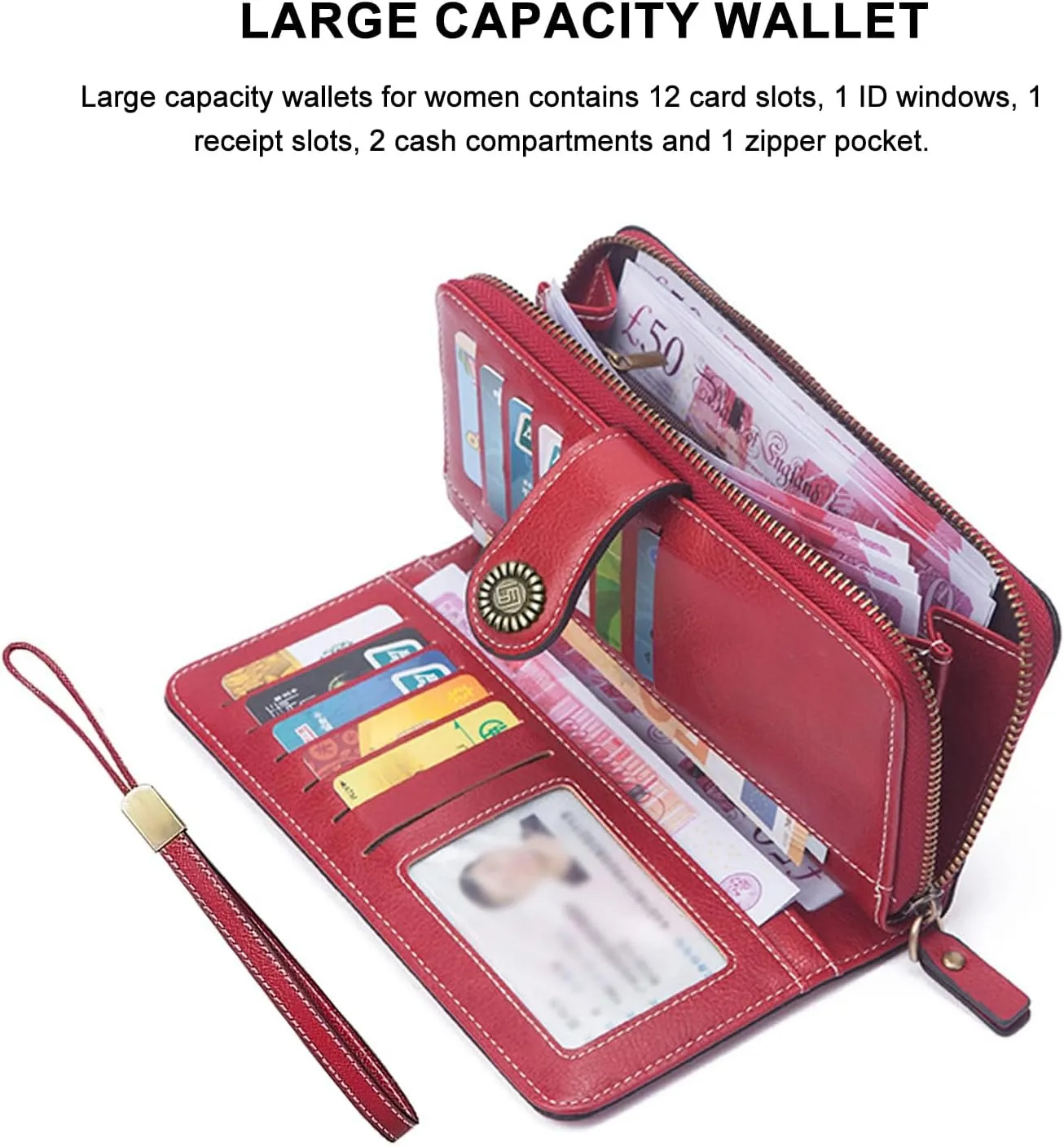 Mokoze Orange Wallet for Women, PU Leather Large Capacity Bifold Wallets with Wrist Strap and Zipper for Hold Credit Cards/Cell Phones/Keys, Girlfriends Mother's Day Gifts