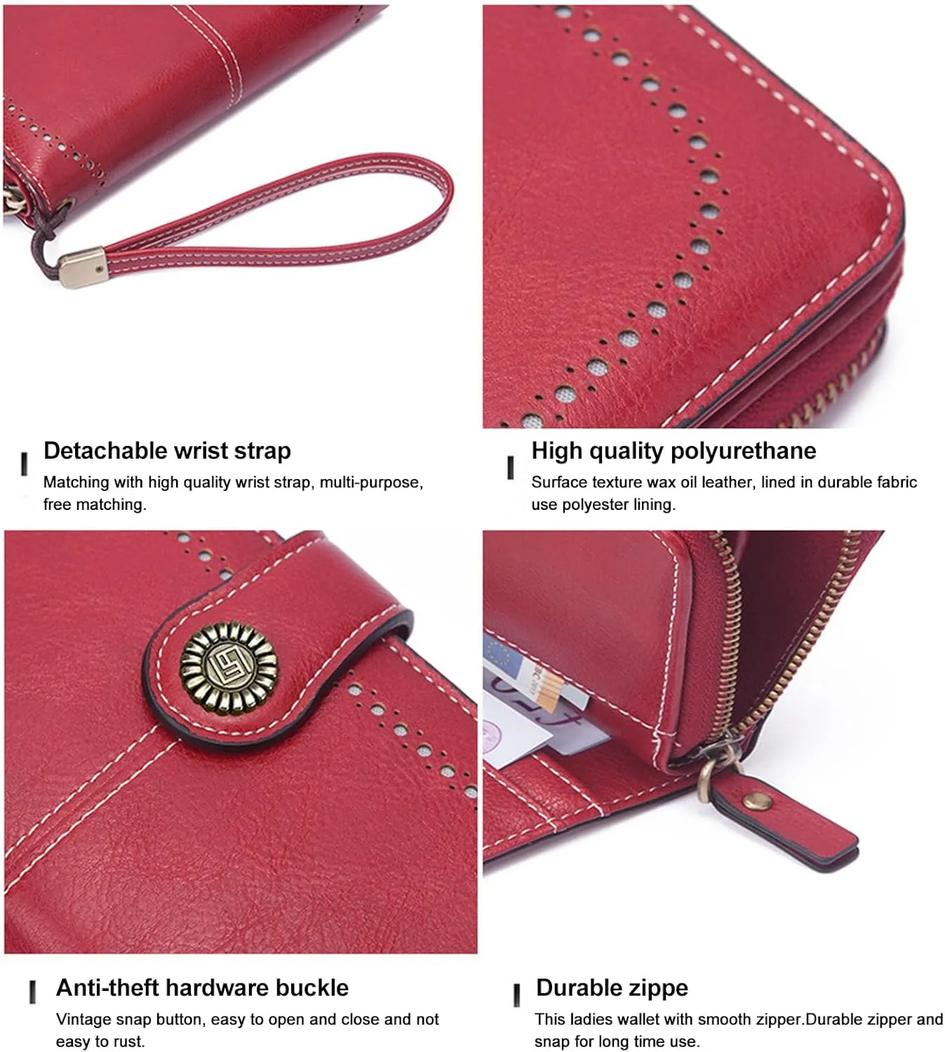Mokoze Orange Wallet for Women, PU Leather Large Capacity Bifold Wallets with Wrist Strap and Zipper for Hold Credit Cards/Cell Phones/Keys, Girlfriends Mother's Day Gifts
