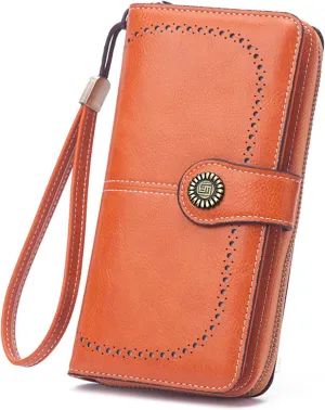 Mokoze Orange Wallet for Women, PU Leather Large Capacity Bifold Wallets with Wrist Strap and Zipper for Hold Credit Cards/Cell Phones/Keys, Girlfriends Mother's Day Gifts