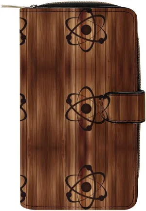 Molecule Atom IconWooden Purses for Women Zipper Leather Clutch Purse Travel Handbag Card Case Wallet