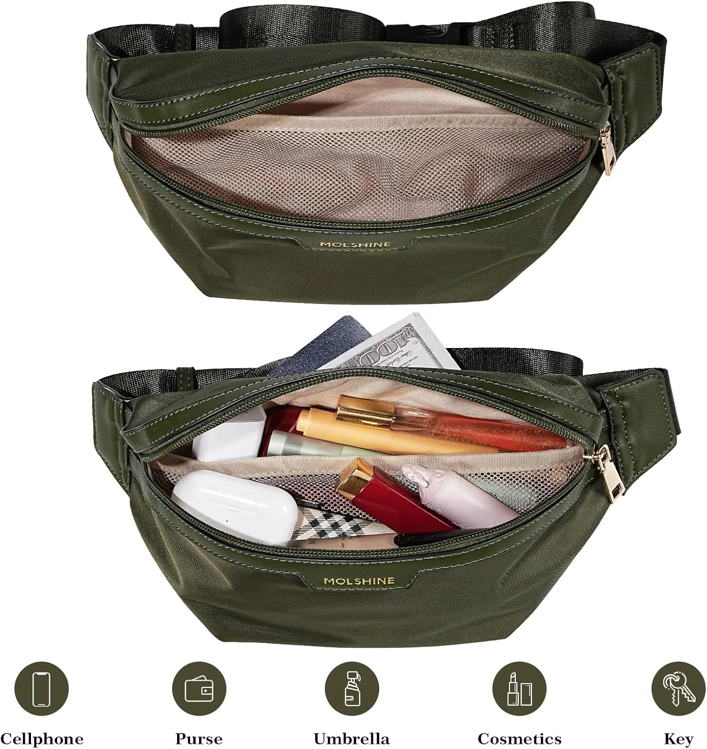 MOLSHINE Fanny Pack for Men Women, Crossbody Waist Bag, Belt Bag for Travel Walking Running Hiking Cycling, Easy Carry Any Phone,Wallet (Army Green)