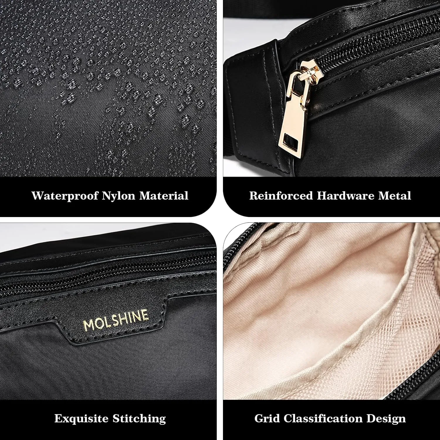 MOLSHINE Fanny Pack for Men Women, Crossbody Waist Bag, Belt Bag for Travel Walking Running Hiking Cycling, Easy Carry Any Phone,Wallet (Black)