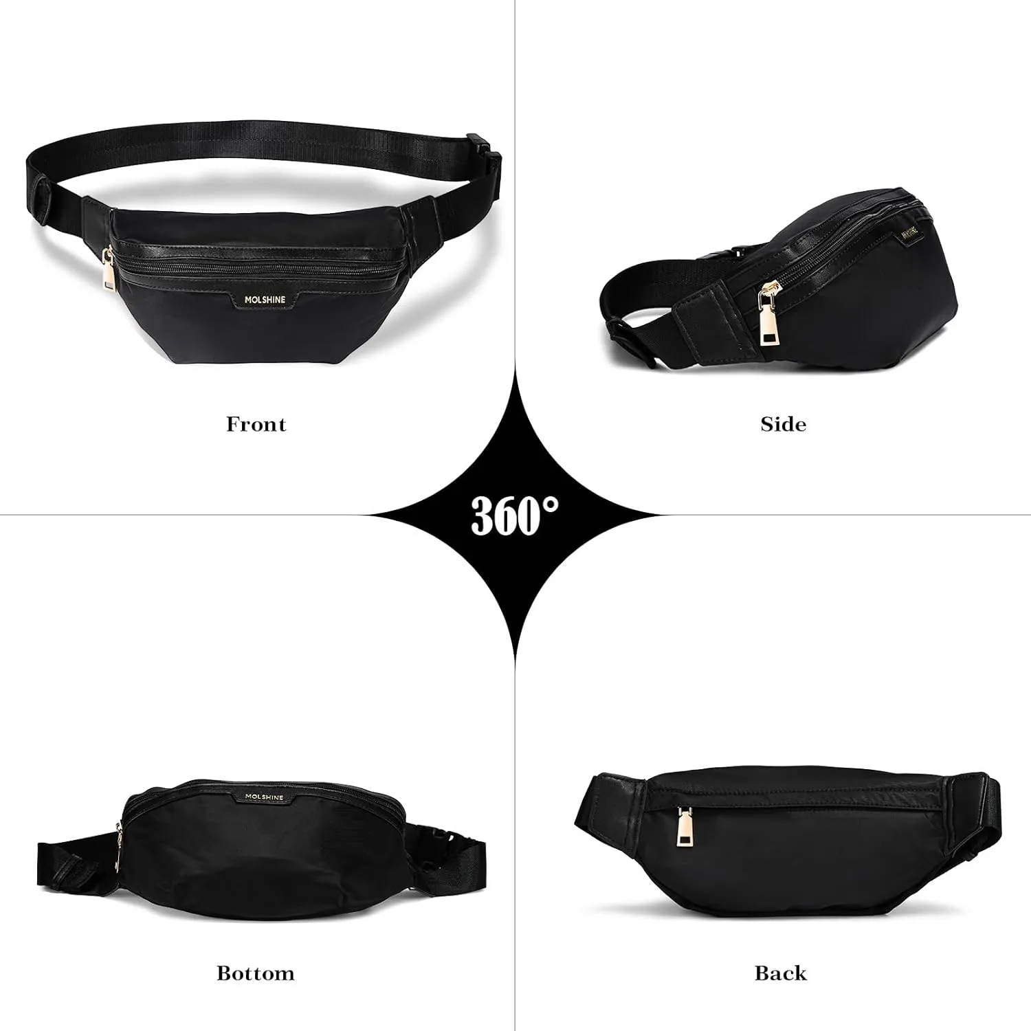 MOLSHINE Fanny Pack for Men Women, Crossbody Waist Bag, Belt Bag for Travel Walking Running Hiking Cycling, Easy Carry Any Phone,Wallet (Black)