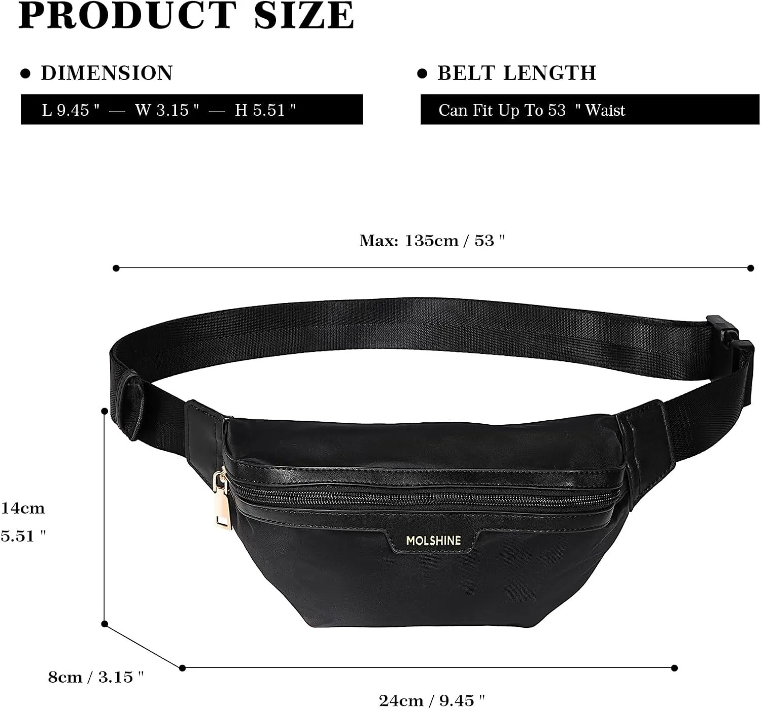 MOLSHINE Fanny Pack for Men Women, Crossbody Waist Bag, Belt Bag for Travel Walking Running Hiking Cycling, Easy Carry Any Phone,Wallet (Black)