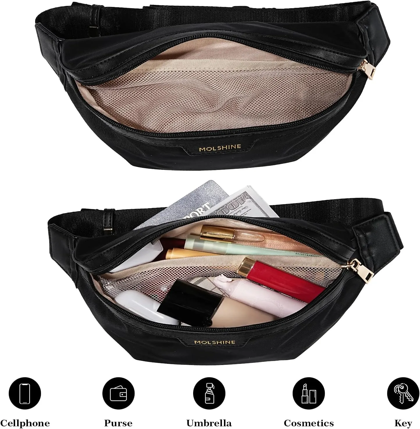 MOLSHINE Fanny Pack for Men Women, Crossbody Waist Bag, Belt Bag for Travel Walking Running Hiking Cycling, Easy Carry Any Phone,Wallet (Black)