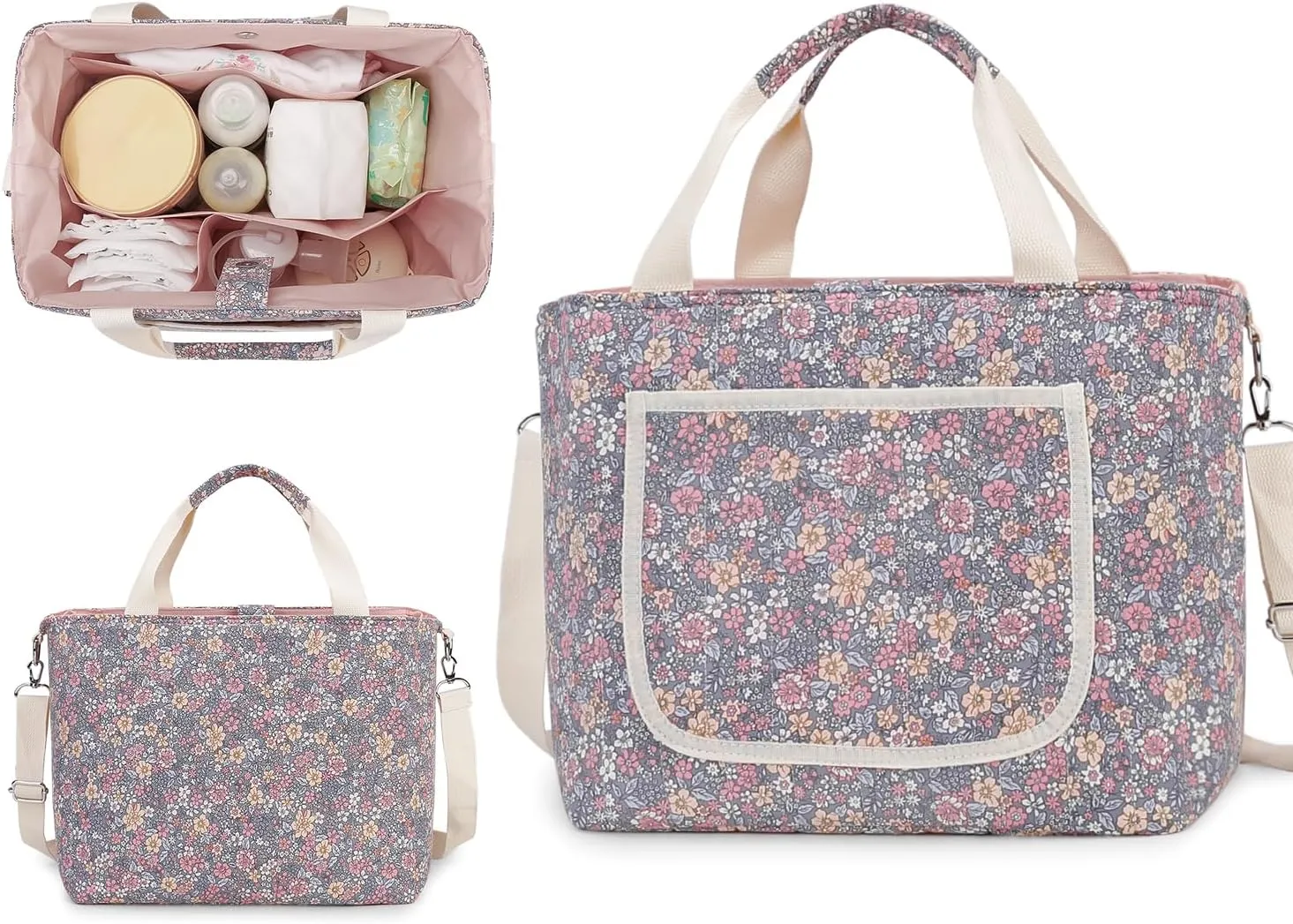 MOMIGO Diaper Bag Tote - Large Capacity Diaper Caddy Tote Bag Baby Stroller Bag Nursery Storage Bin for Diapers, Shoulder Mommy Bag (Floral 1)