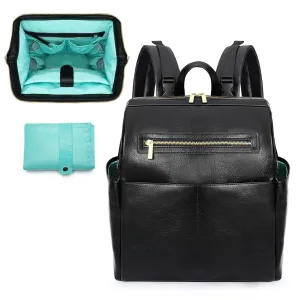 MOMINSIDE Diaper Bag Backpack, Leather Backpack with 16 Pockets for Mom Dad, Baby Registry Search, Fits 15 Inch Laptop, 4 Insulated Pockets, Changing Pad, Black
