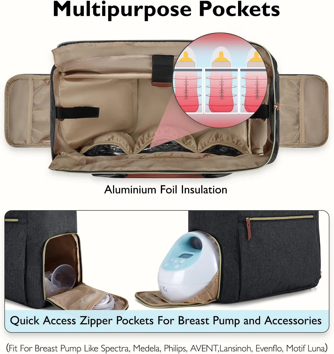 mommore Breast Pump Bag Diaper Tote Bag with 15 Inch Laptop Sleeve Fit Most Breast Pumps Like Medela, Spectra S1,S2, Evenflo
