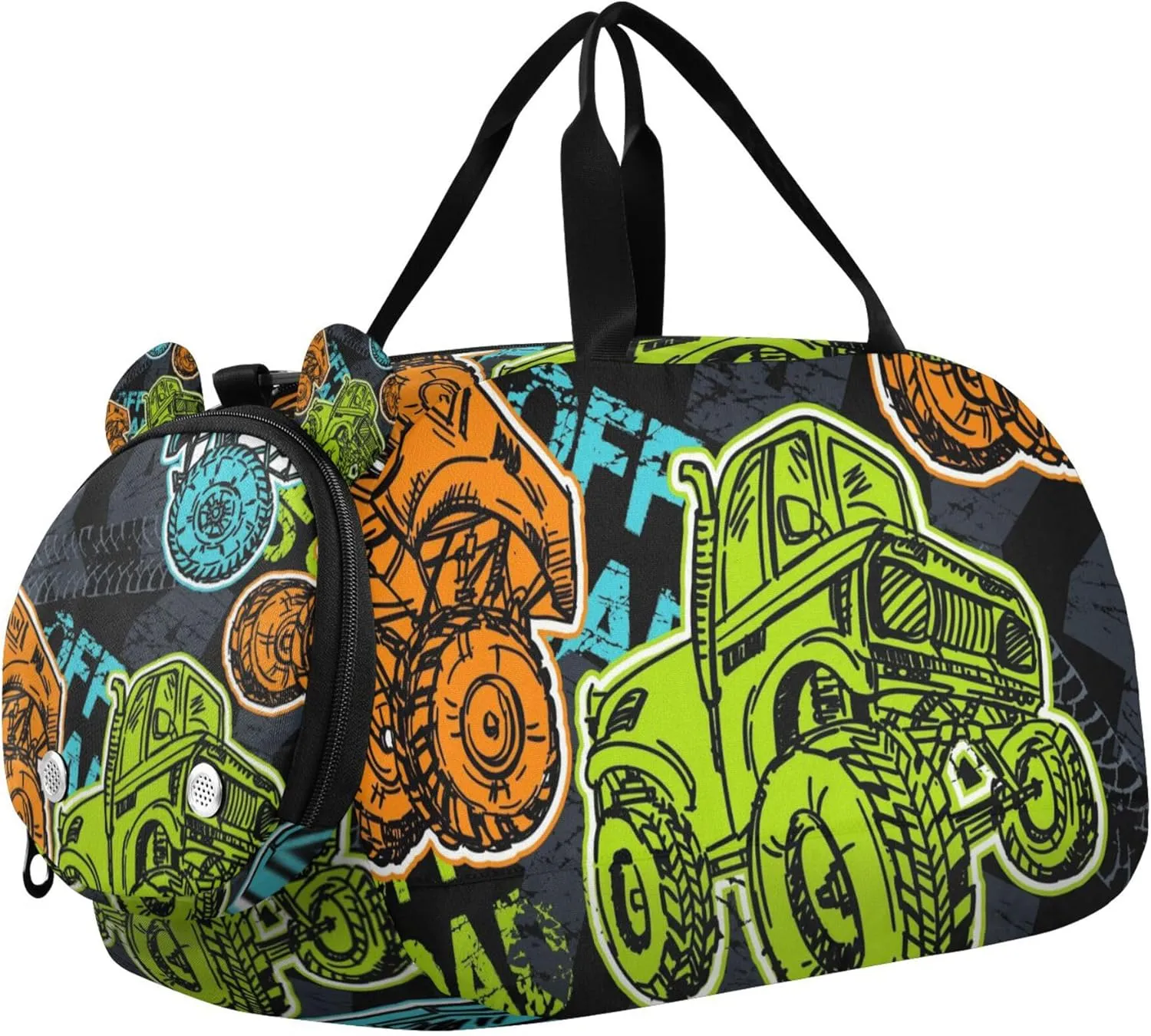 Monster Truck Car Cartoon Sports Duffle Bag for Girls Boys, Gym Bag with Shoe Compartment, Kids Travel Overnight Weekender Shoulder Bag