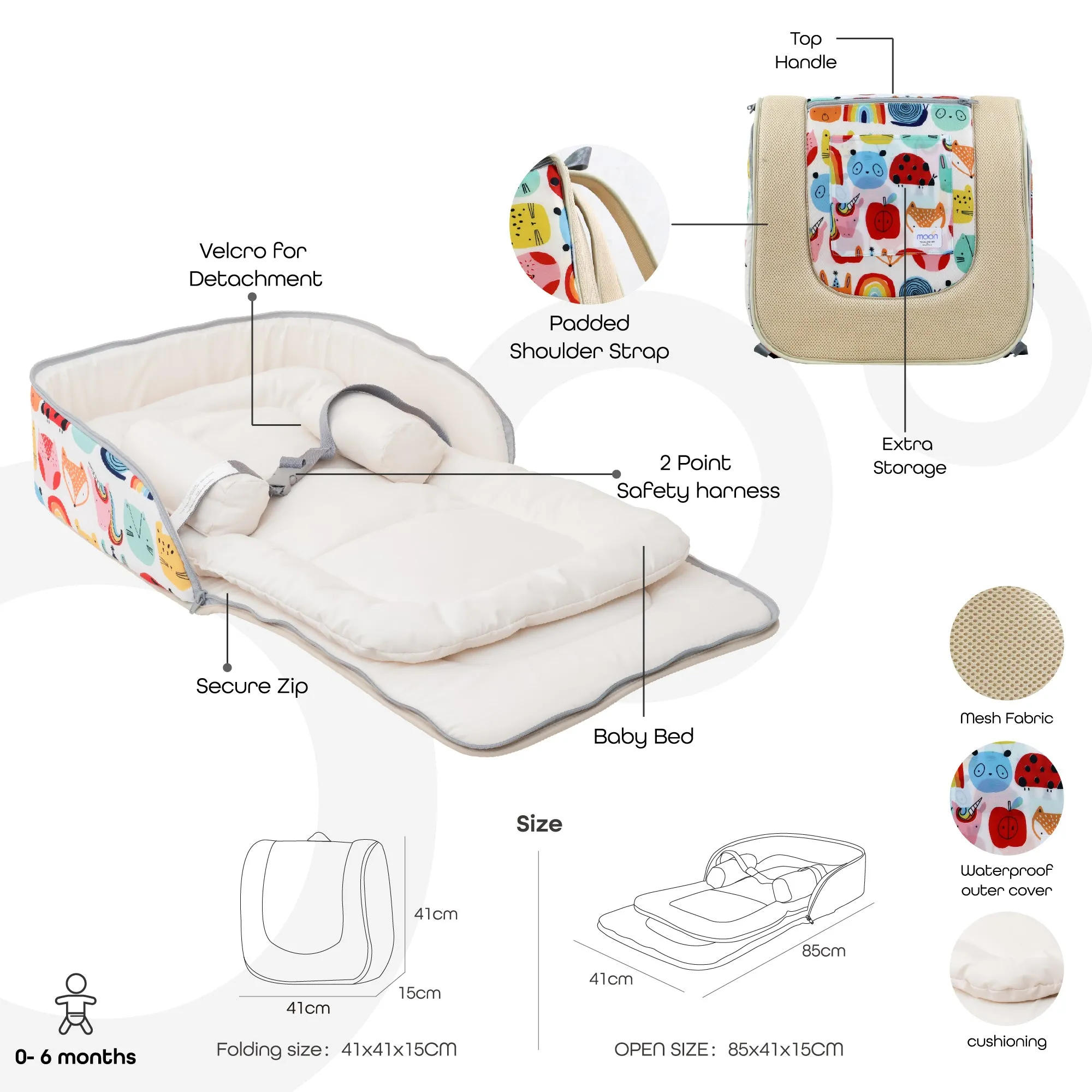 Moon - Travalo - Travel Baby Bed & Backpack- Animal  - Beige