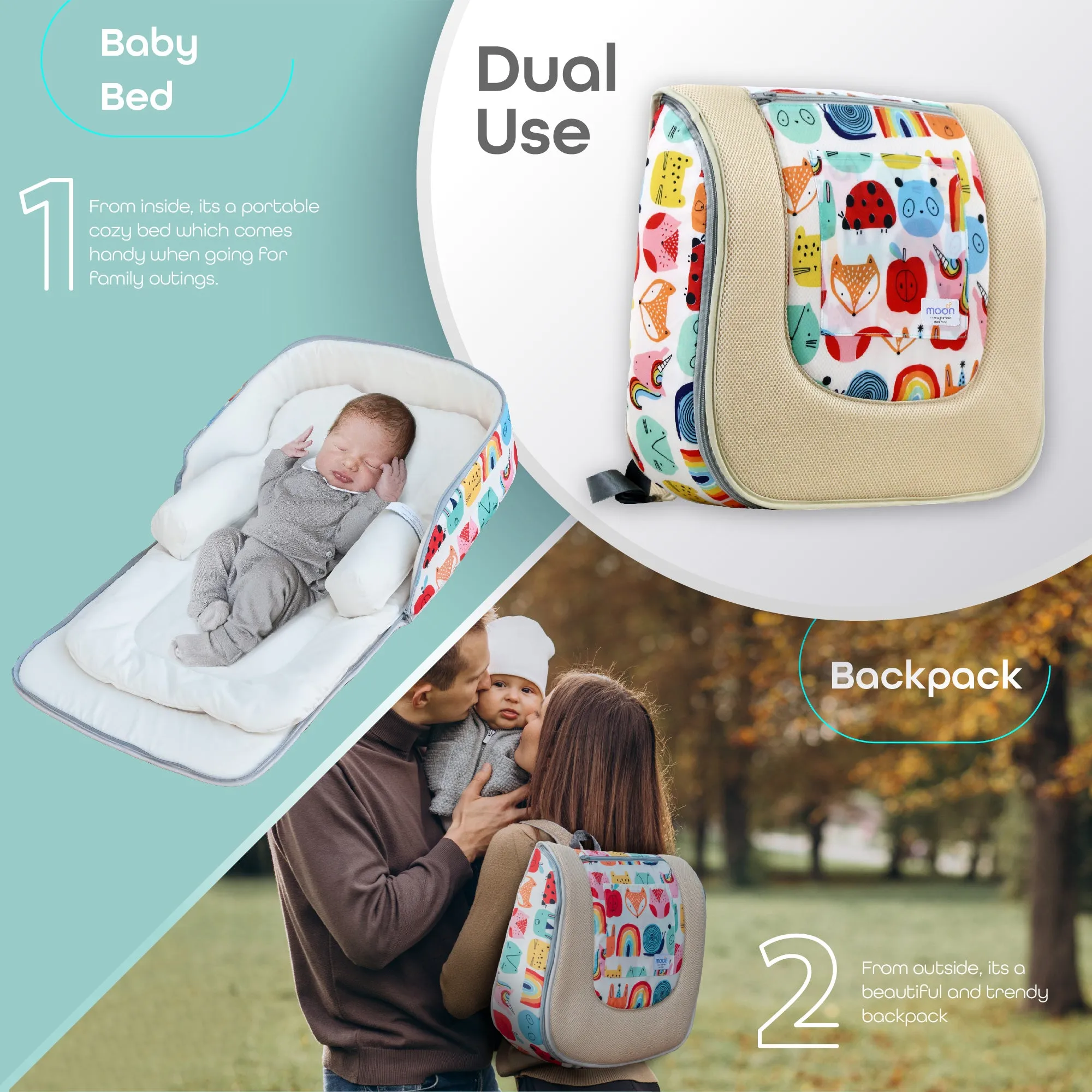Moon - Travalo - Travel Baby Bed & Backpack- Animal  - Beige