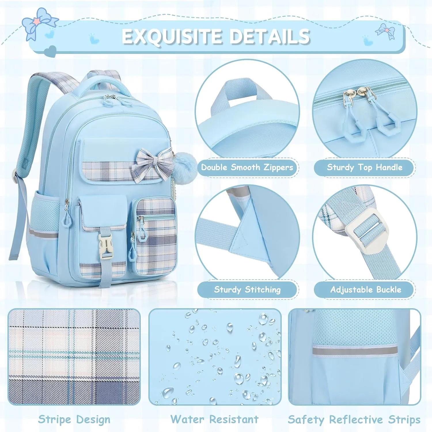 MOONBABY Girls Backpack, Kids Backpack for Girls School Bags with Lunch Bag & Pen Case, Bow Plaid Book Bag for Elementary Middle Primary High School College,Blue-3pcs