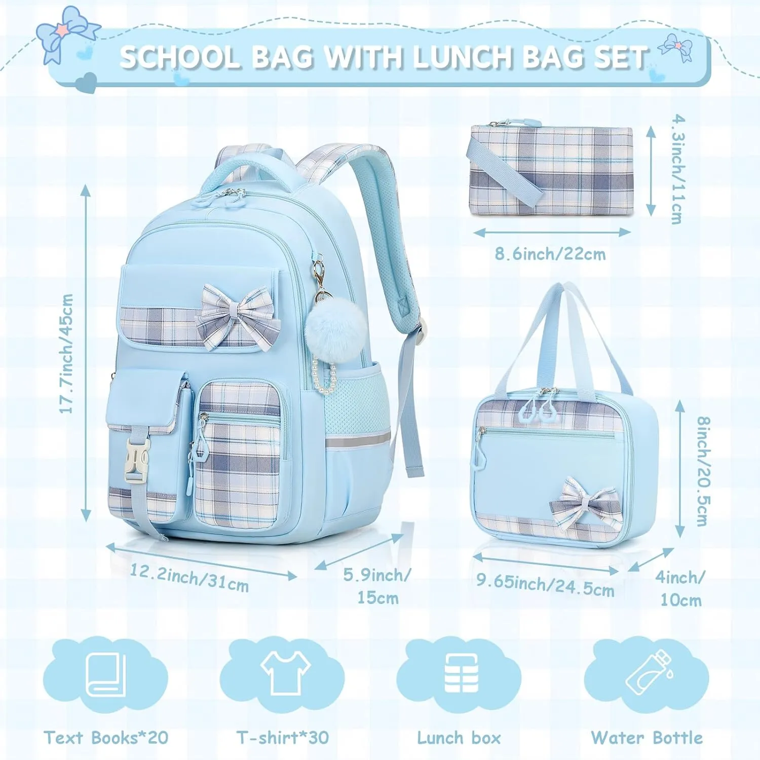 MOONBABY Girls Backpack, Kids Backpack for Girls School Bags with Lunch Bag & Pen Case, Bow Plaid Book Bag for Elementary Middle Primary High School College,Blue-3pcs