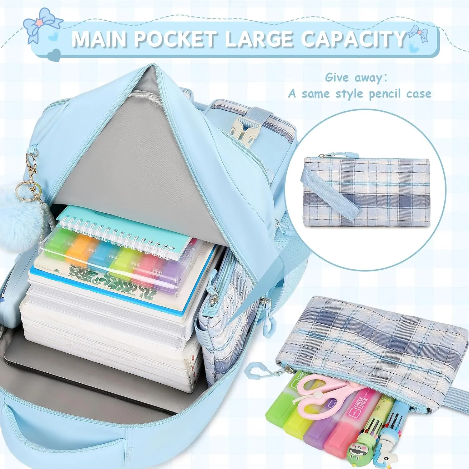 MOONBABY Girls Backpack, Kids Backpack for Girls School Bags with Lunch Bag & Pen Case, Bow Plaid Book Bag for Elementary Middle Primary High School College,Blue-3pcs