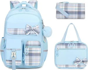 MOONBABY Girls Backpack, Kids Backpack for Girls School Bags with Lunch Bag & Pen Case, Bow Plaid Book Bag for Elementary Middle Primary High School College,Blue-3pcs