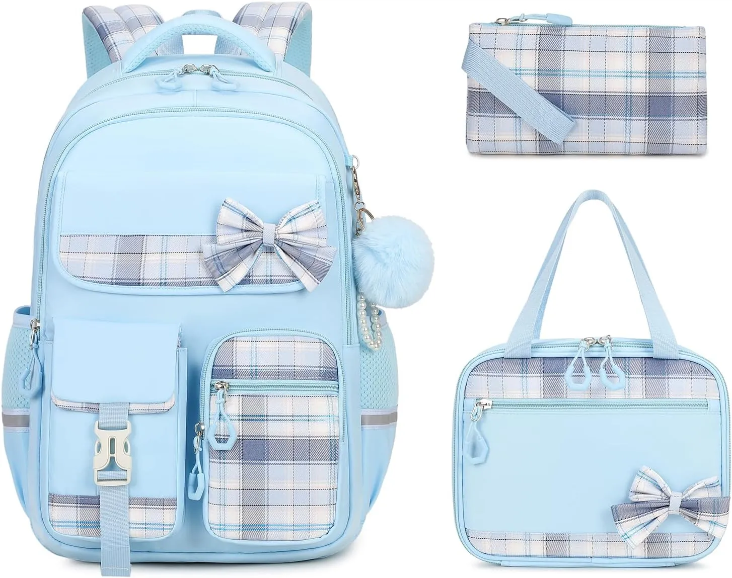 MOONBABY Girls Backpack, Kids Backpack for Girls School Bags with Lunch Bag & Pen Case, Bow Plaid Book Bag for Elementary Middle Primary High School College,Blue-3pcs