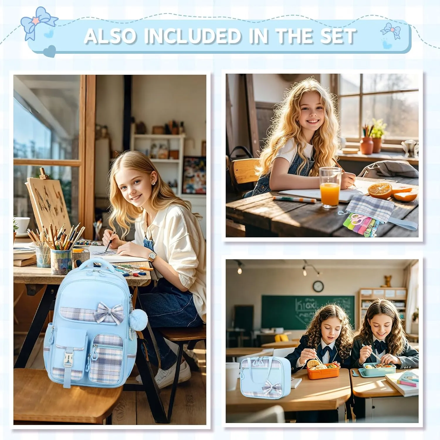 MOONBABY Girls Backpack, Kids Backpack for Girls School Bags with Lunch Bag & Pen Case, Bow Plaid Book Bag for Elementary Middle Primary High School College,Blue-3pcs