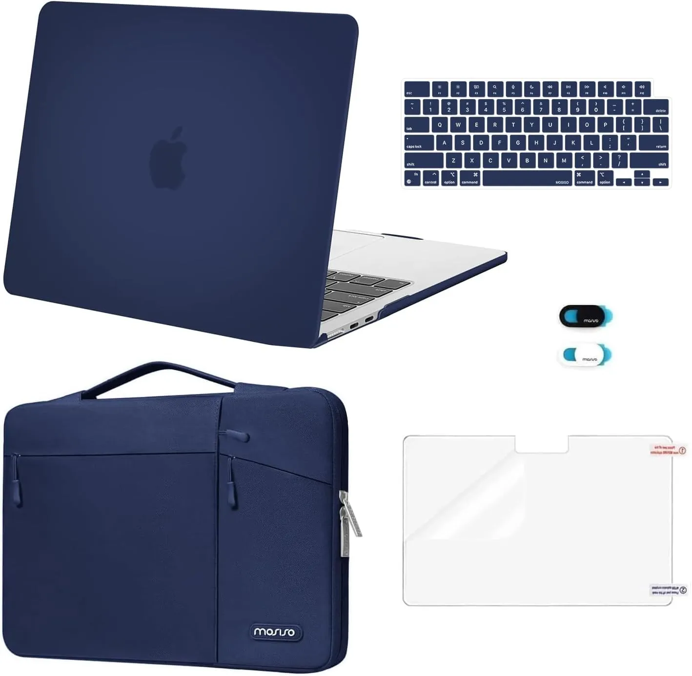 MOSISO Compatible with MacBook Air 13 inch Case 2025 2024 2023 2022 M4 A3240 M3 A3113 M2 A2681,Hard Case&Horizontal Vertical Right Bevel Pockets Bag&Keyboard Skin&Webcam Skin&Screen Film, Navy Blue