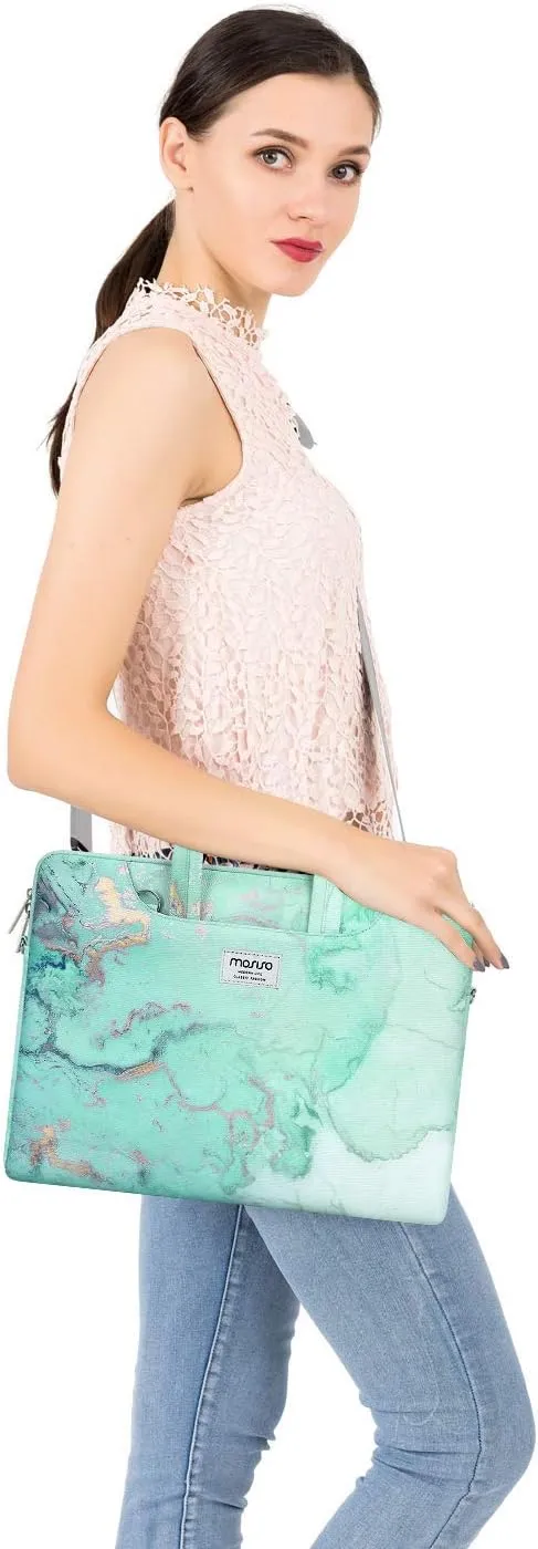 MOSISO Laptop Shoulder Bag Compatible with 17-17.3 inch Dell HP Acer Samsung Sony Chromebook Computer, Watercolor Marble Sleeve with Trolley Belt, Green