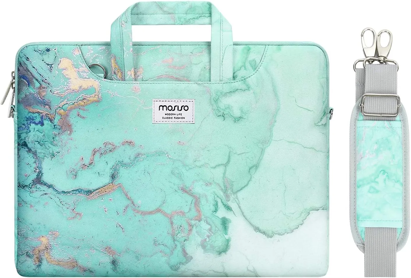 MOSISO Laptop Shoulder Bag Compatible with 17-17.3 inch Dell HP Acer Samsung Sony Chromebook Computer, Watercolor Marble Sleeve with Trolley Belt, Green