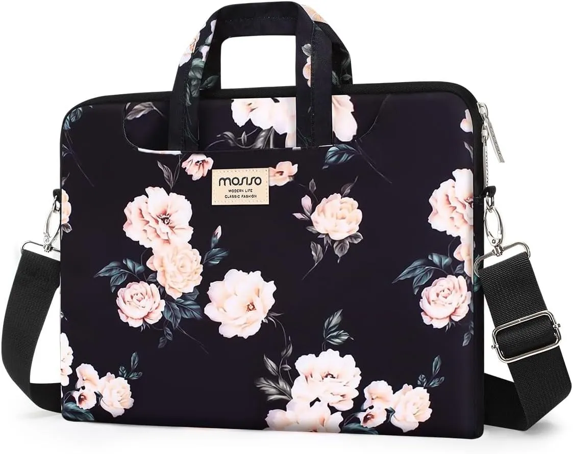 MOSISO Laptop Shoulder Bag Compatible with MacBook Air 13 inch M2 A2681 M1 A2337 A2179 A1932/Pro 13 inch M2 M1 A2338 A2251 A2289 A2159 A1989 A1706 A1708, Camellia Carrying Sleeve with Belt, Black