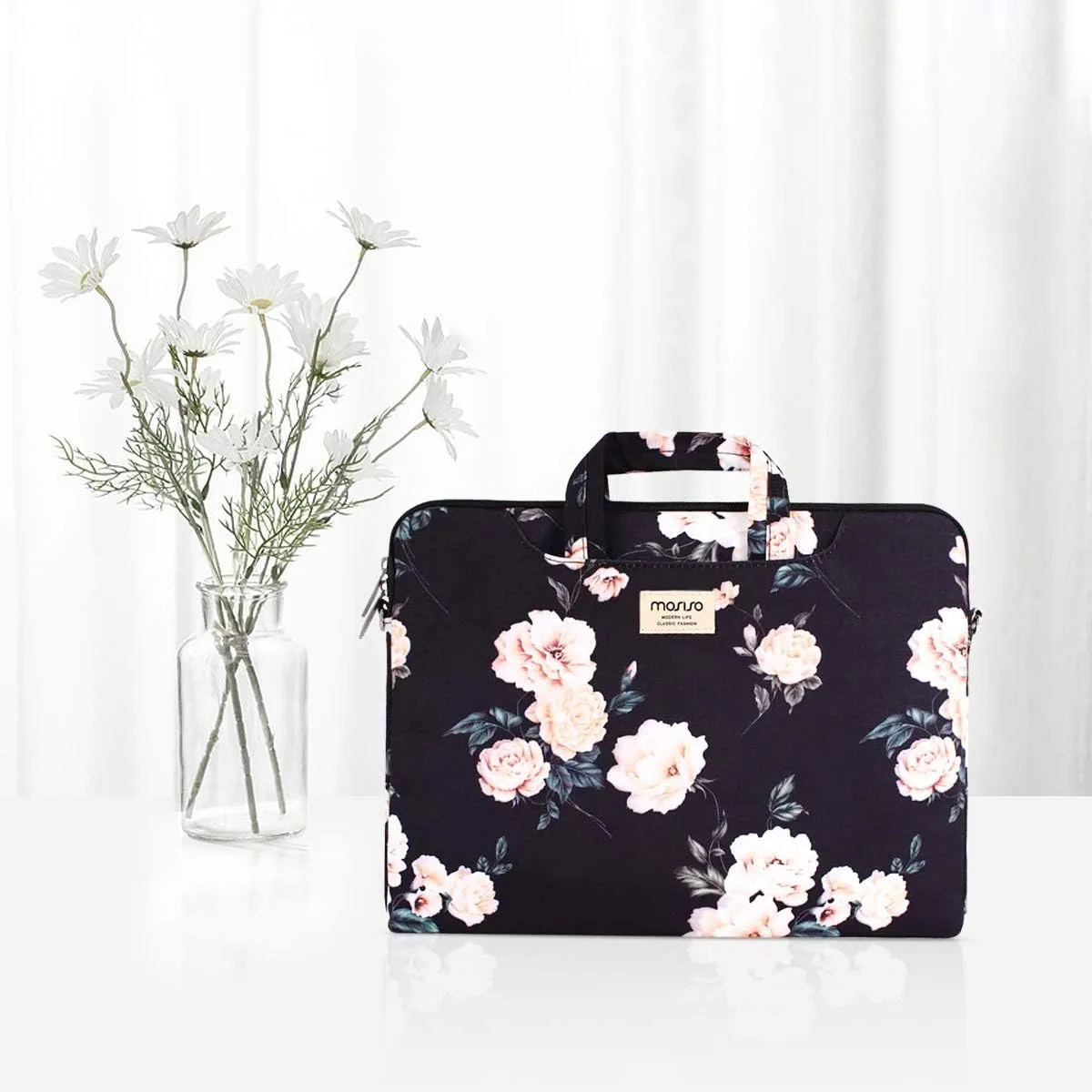MOSISO Laptop Shoulder Bag Compatible with MacBook Air 13 inch M2 A2681 M1 A2337 A2179 A1932/Pro 13 inch M2 M1 A2338 A2251 A2289 A2159 A1989 A1706 A1708, Camellia Carrying Sleeve with Belt, Black