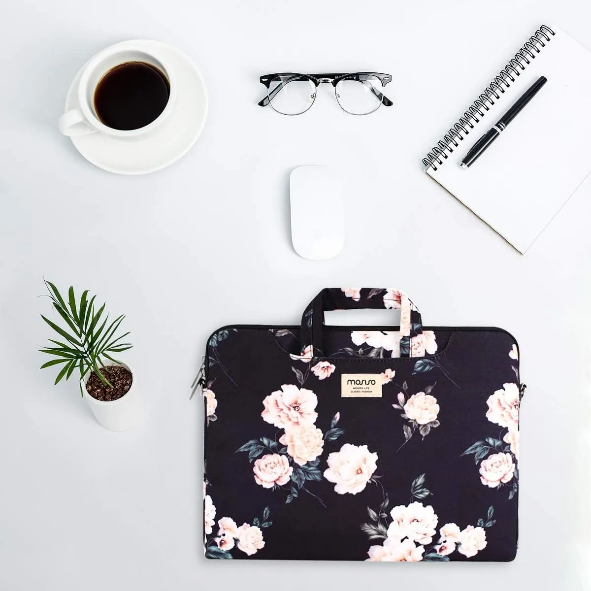 MOSISO Laptop Shoulder Bag Compatible with MacBook Air 13 inch M2 A2681 M1 A2337 A2179 A1932/Pro 13 inch M2 M1 A2338 A2251 A2289 A2159 A1989 A1706 A1708, Camellia Carrying Sleeve with Belt, Black