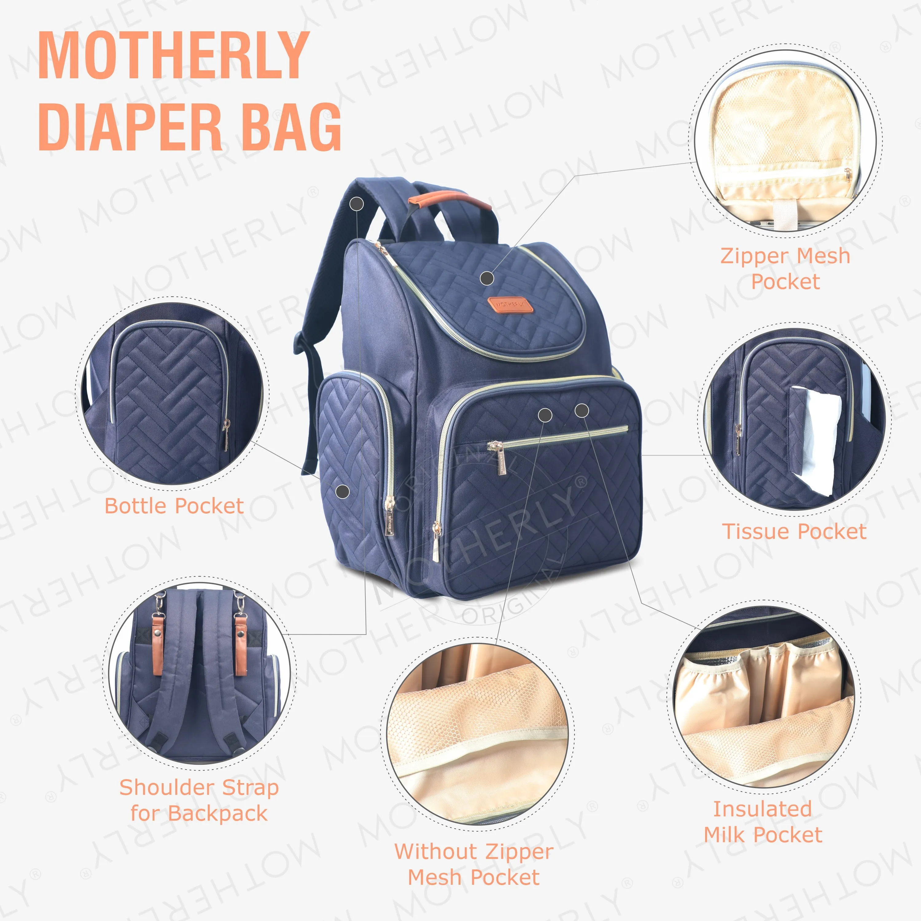 Motherly Diaper Quilted Diaper Bag for Mothers for Travel with Changing Mat - Spacious Diaper Bags for Mom | Baby Bag with Multi-Pocket Design | Maternity Bags for Mother and Baby