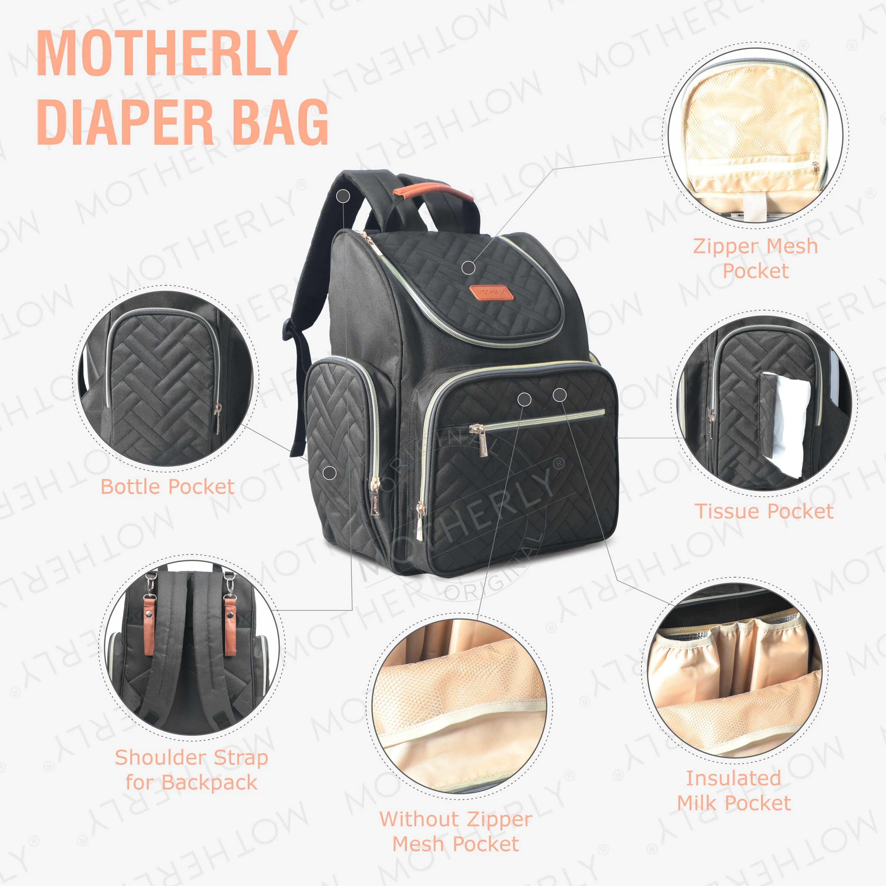 Motherly Diaper Quilted Diaper Bag for Mothers for Travel with Changing Mat - Spacious Diaper Bags for Mom | Baby Bag with Multi-Pocket Design | Maternity Bags for Mother and Baby