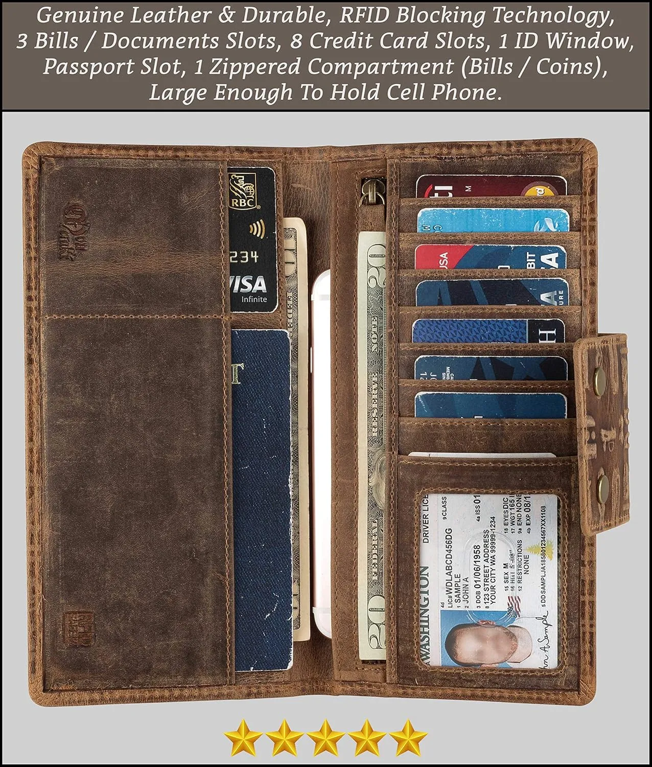 Mou Meraki Genuine Leather RFID Blocking Long Wallet – Vintage Bifold for Men (ANCIENT TOBACCO)