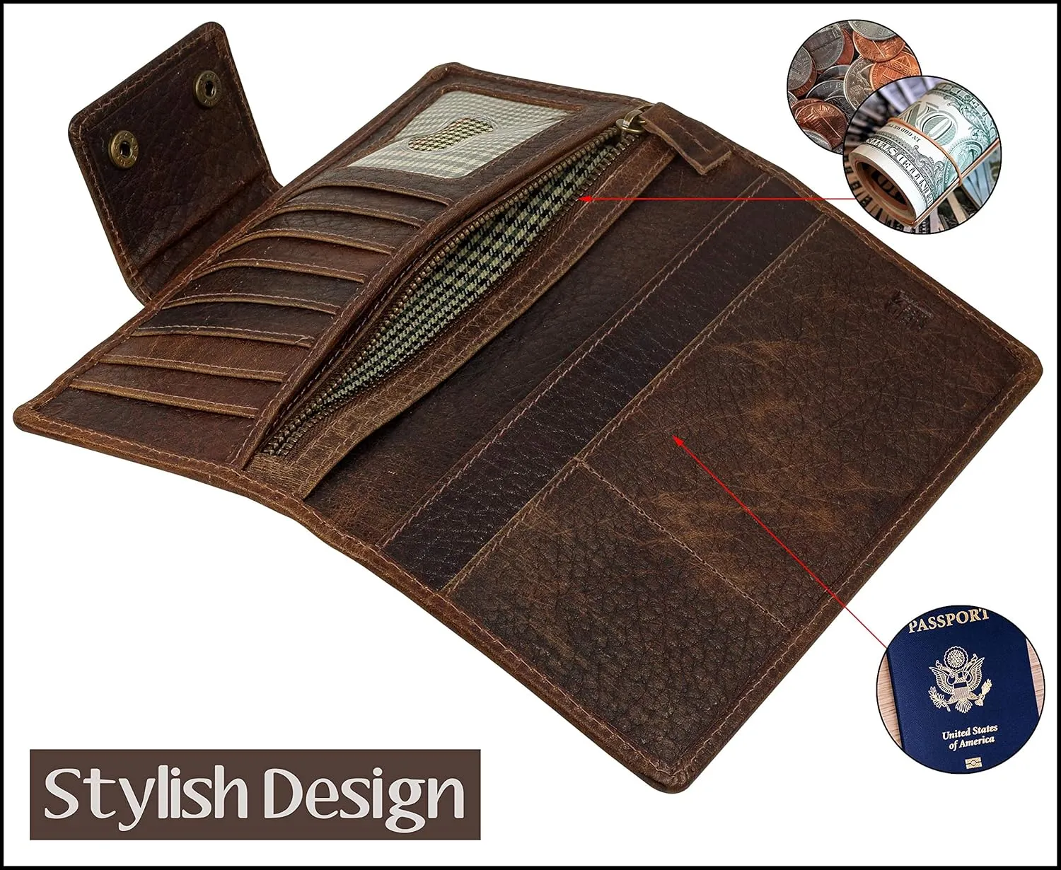 Mou Meraki Genuine Leather RFID Blocking Long Wallet – Vintage Bifold for Men (BUBBLES BROWN)