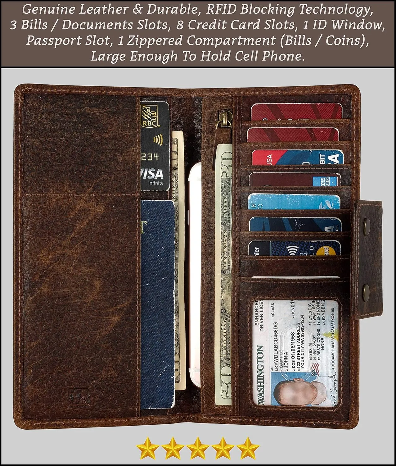 Mou Meraki Genuine Leather RFID Blocking Long Wallet – Vintage Bifold for Men (BUBBLES BROWN)