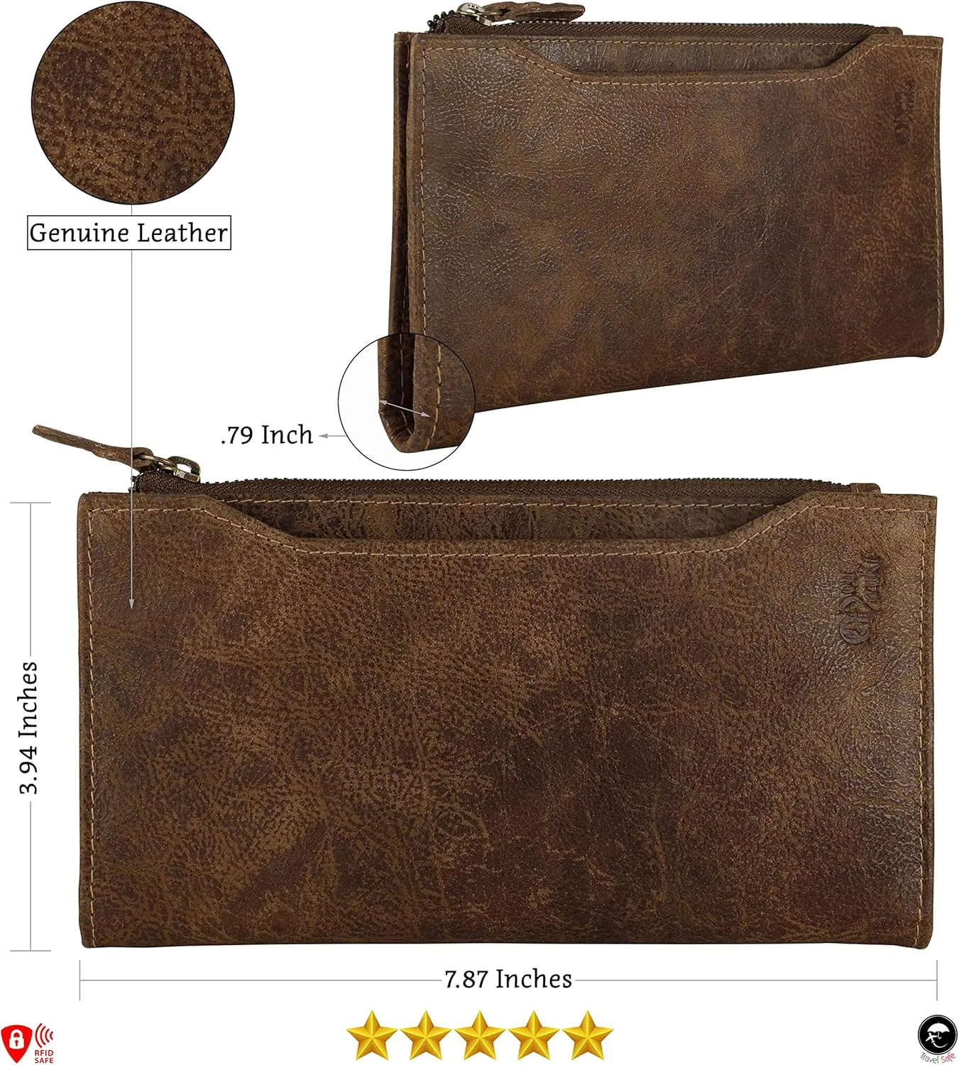 Mou Meraki Genuine Leather RFID Blocking Long Wallet – Vintage Bifold for Men