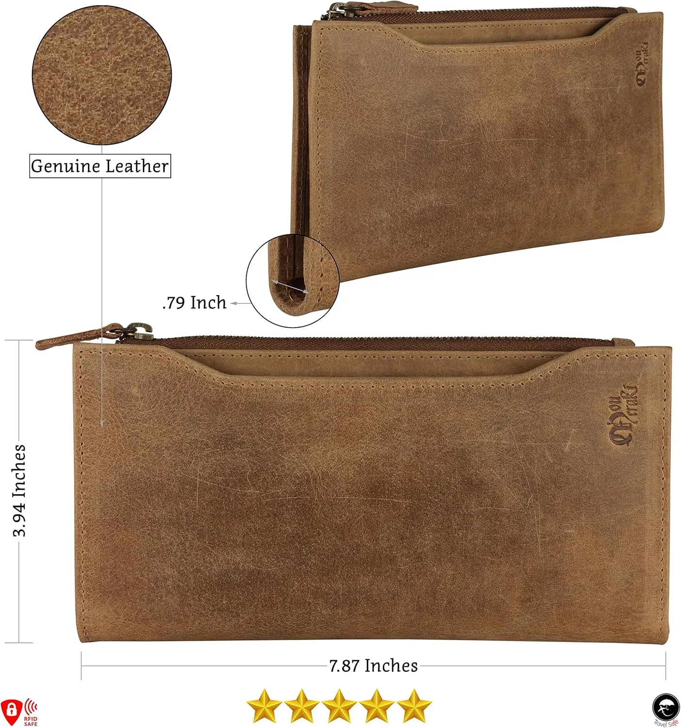 Mou Meraki Genuine Leather RFID Blocking Long Wallet – Vintage Bifold for Men