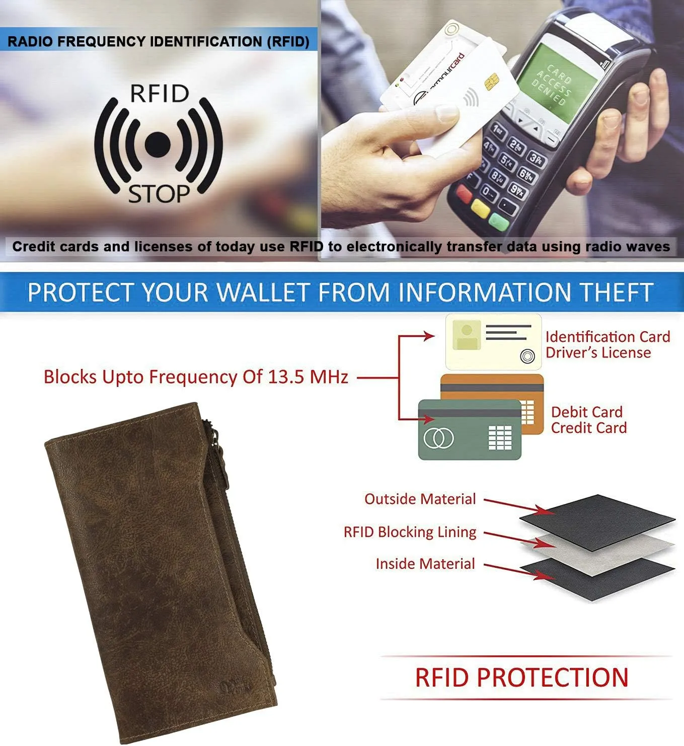 Mou Meraki Genuine Leather RFID Blocking Long Wallet – Vintage Bifold for Men