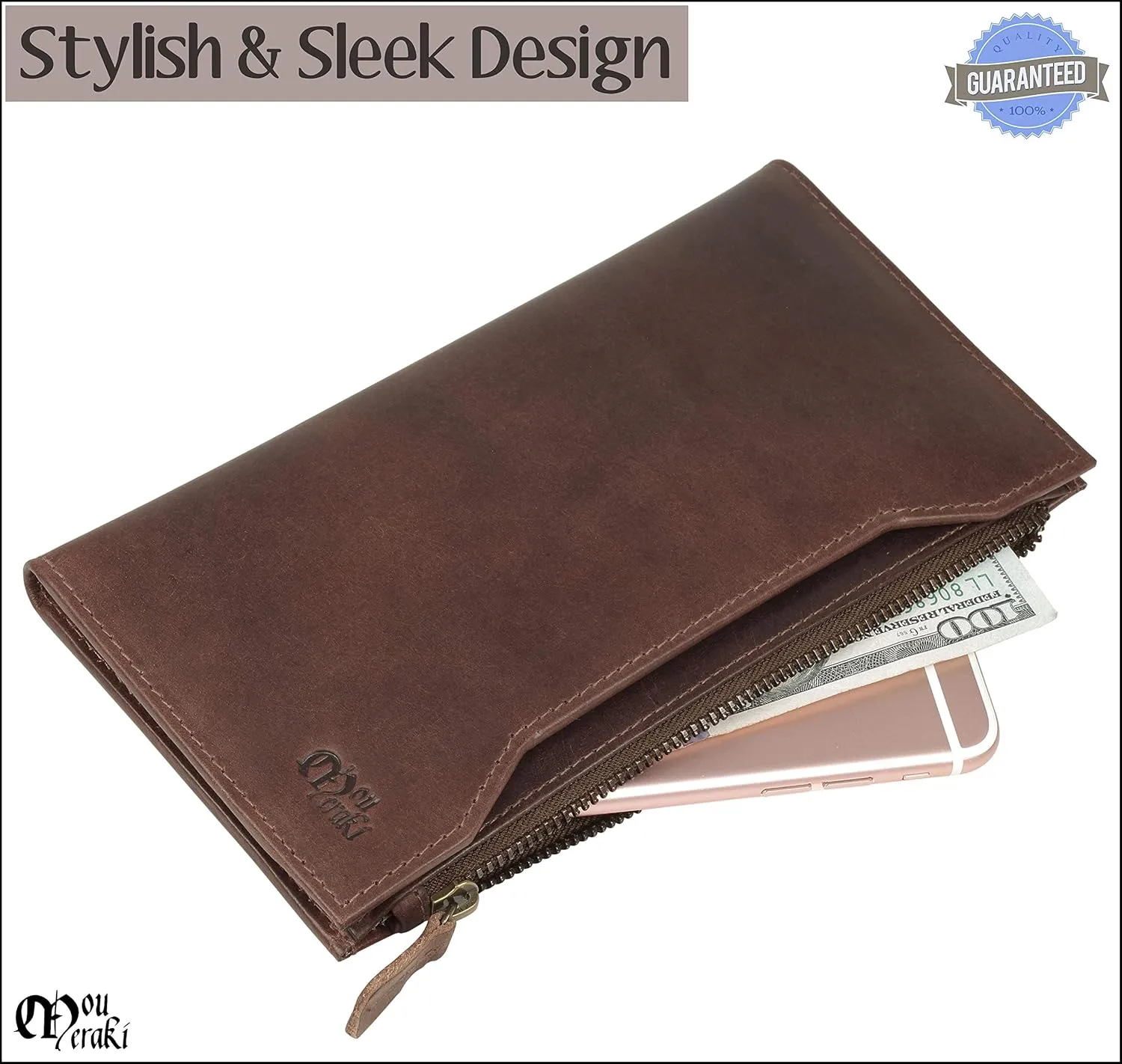 Mou Meraki Genuine Leather RFID Blocking Long Wallet – Vintage Bifold for Men