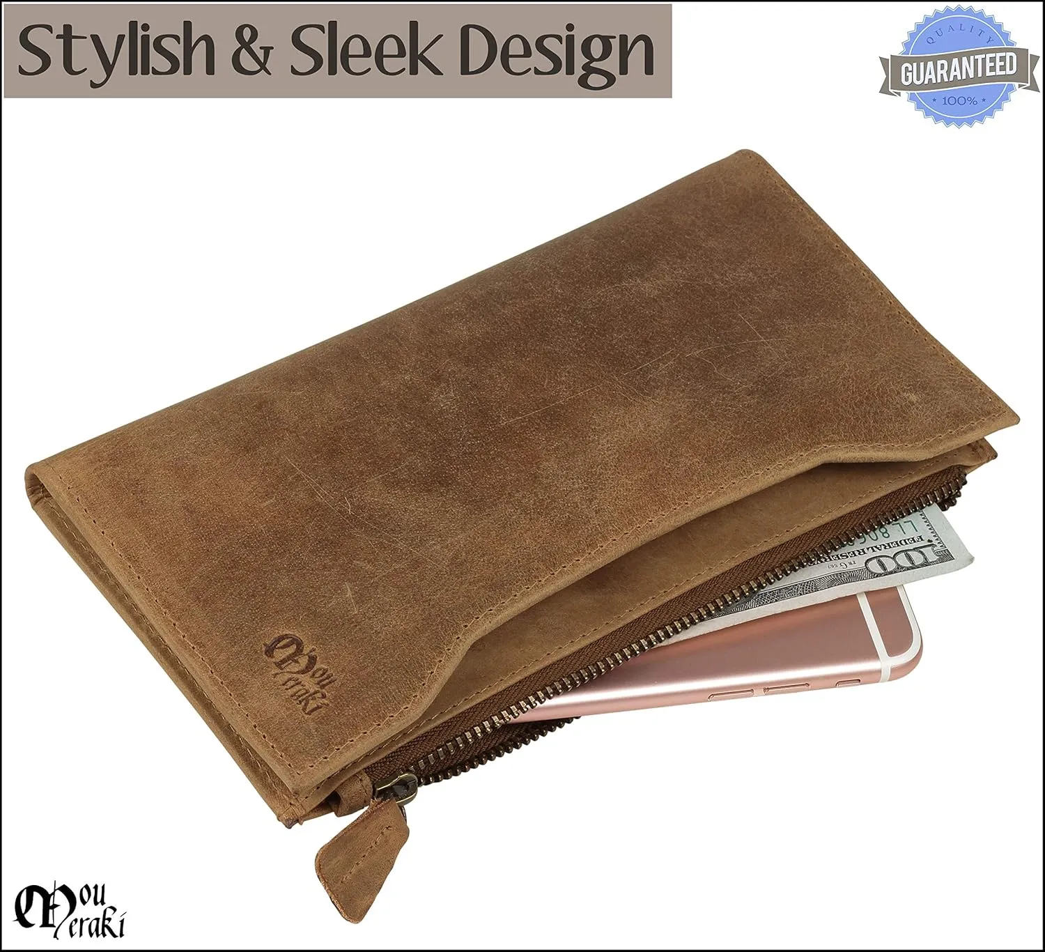 Mou Meraki Genuine Leather RFID Blocking Long Wallet – Vintage Bifold for Men