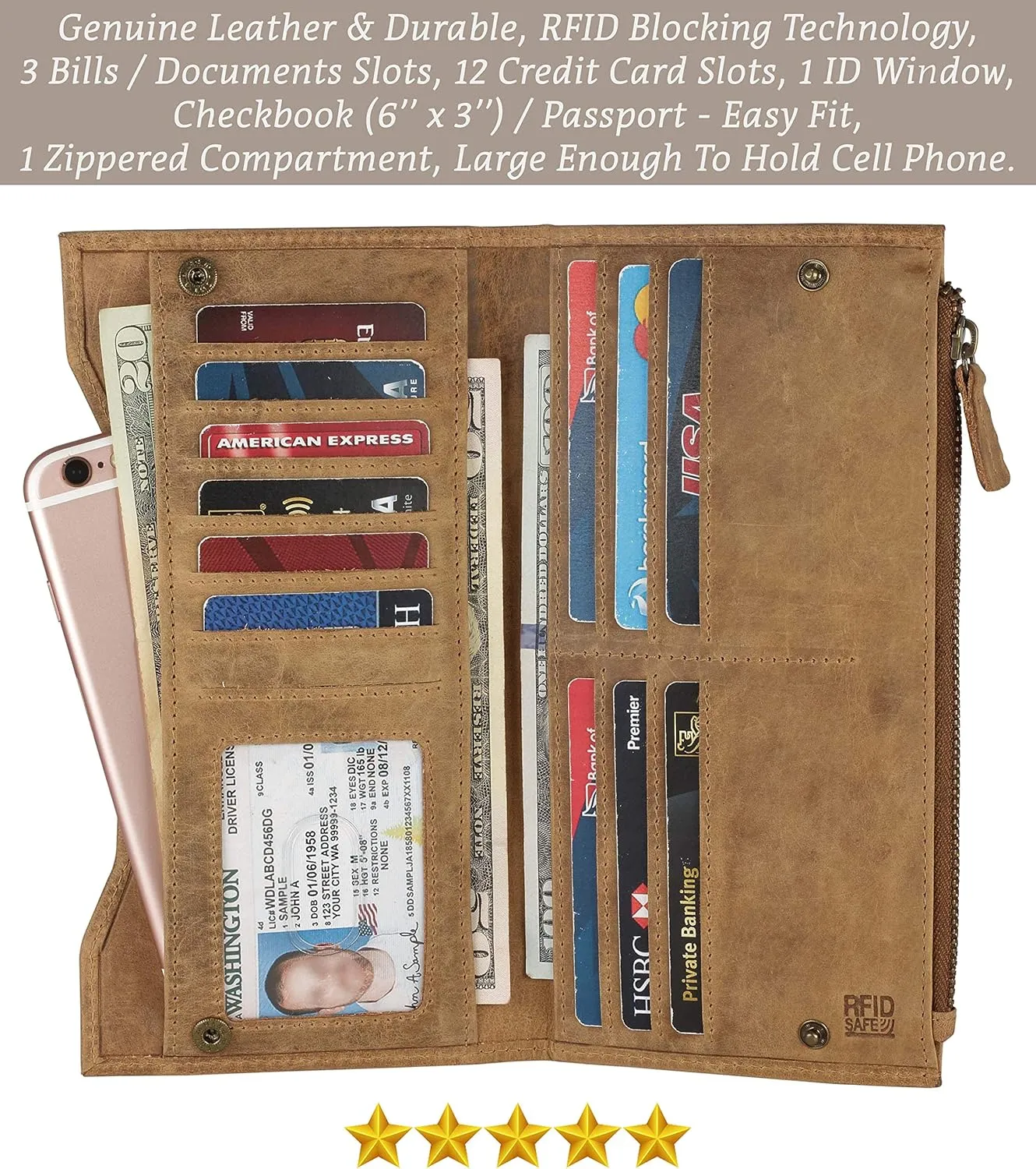Mou Meraki Genuine Leather RFID Blocking Long Wallet – Vintage Bifold for Men