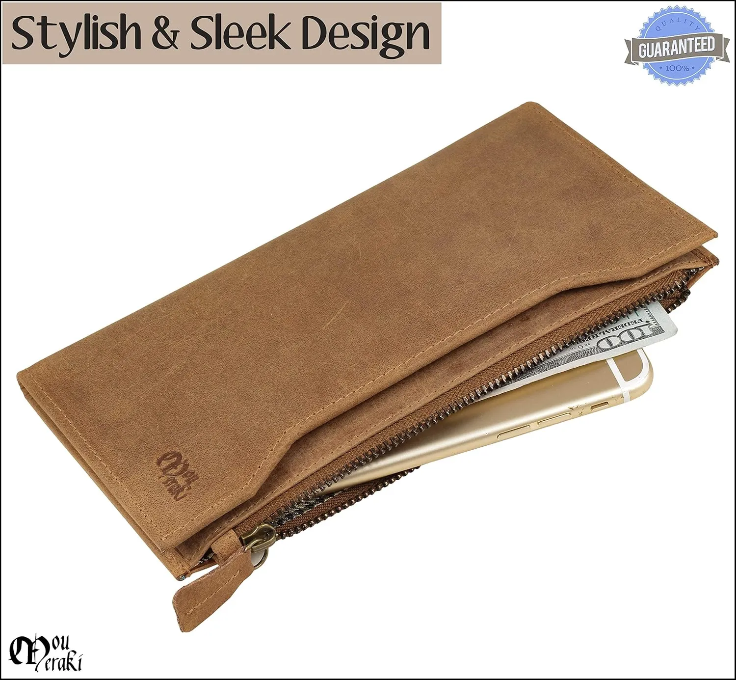 Mou Meraki Genuine Leather RFID Blocking Long Wallet – Vintage Bifold for Men