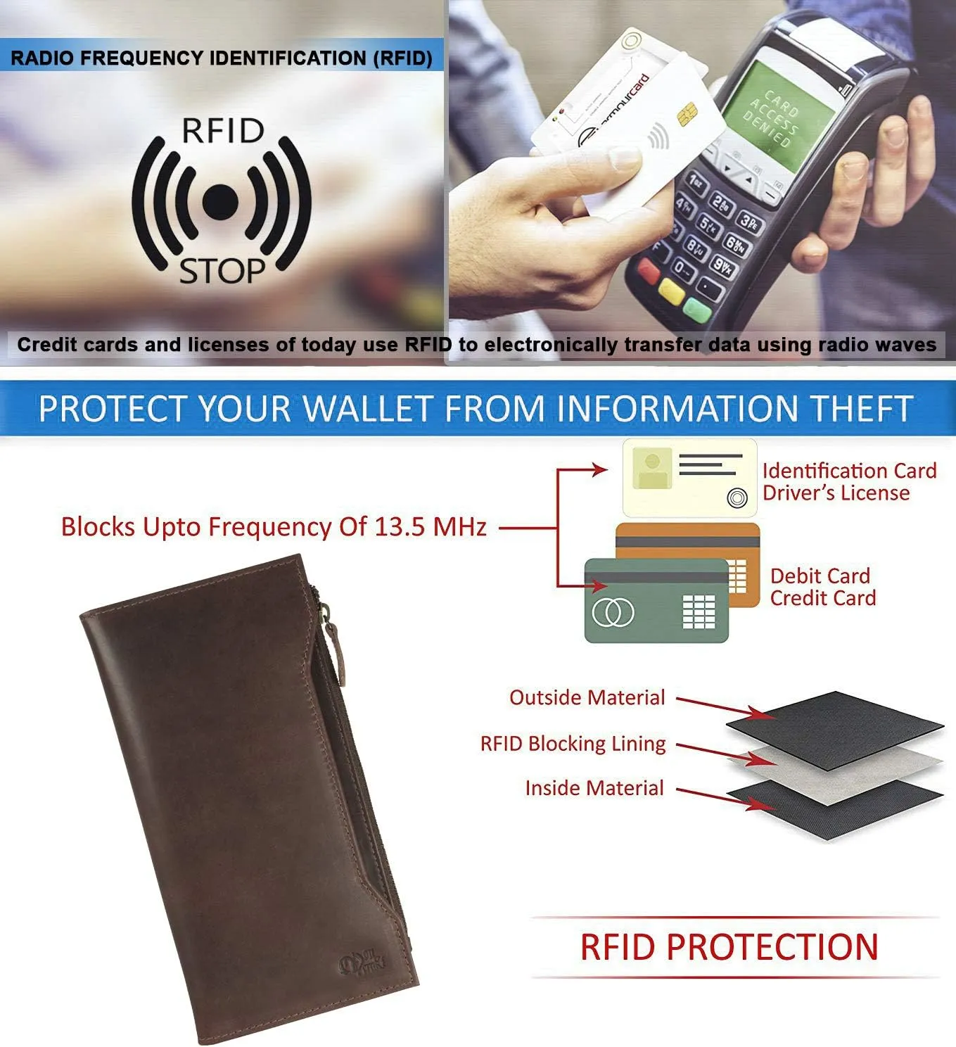 Mou Meraki Genuine Leather RFID Blocking Long Wallet – Vintage Bifold for Men
