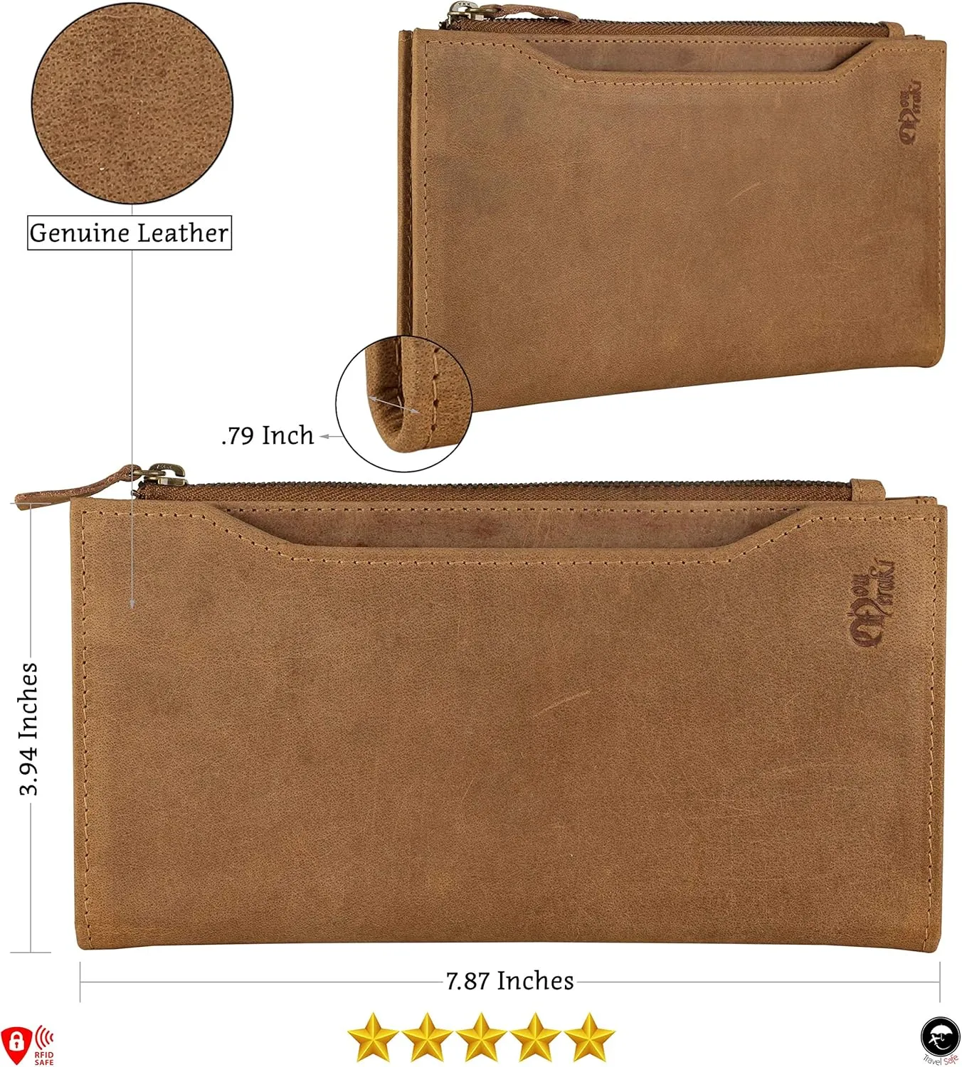 Mou Meraki Genuine Leather RFID Blocking Long Wallet – Vintage Bifold for Men