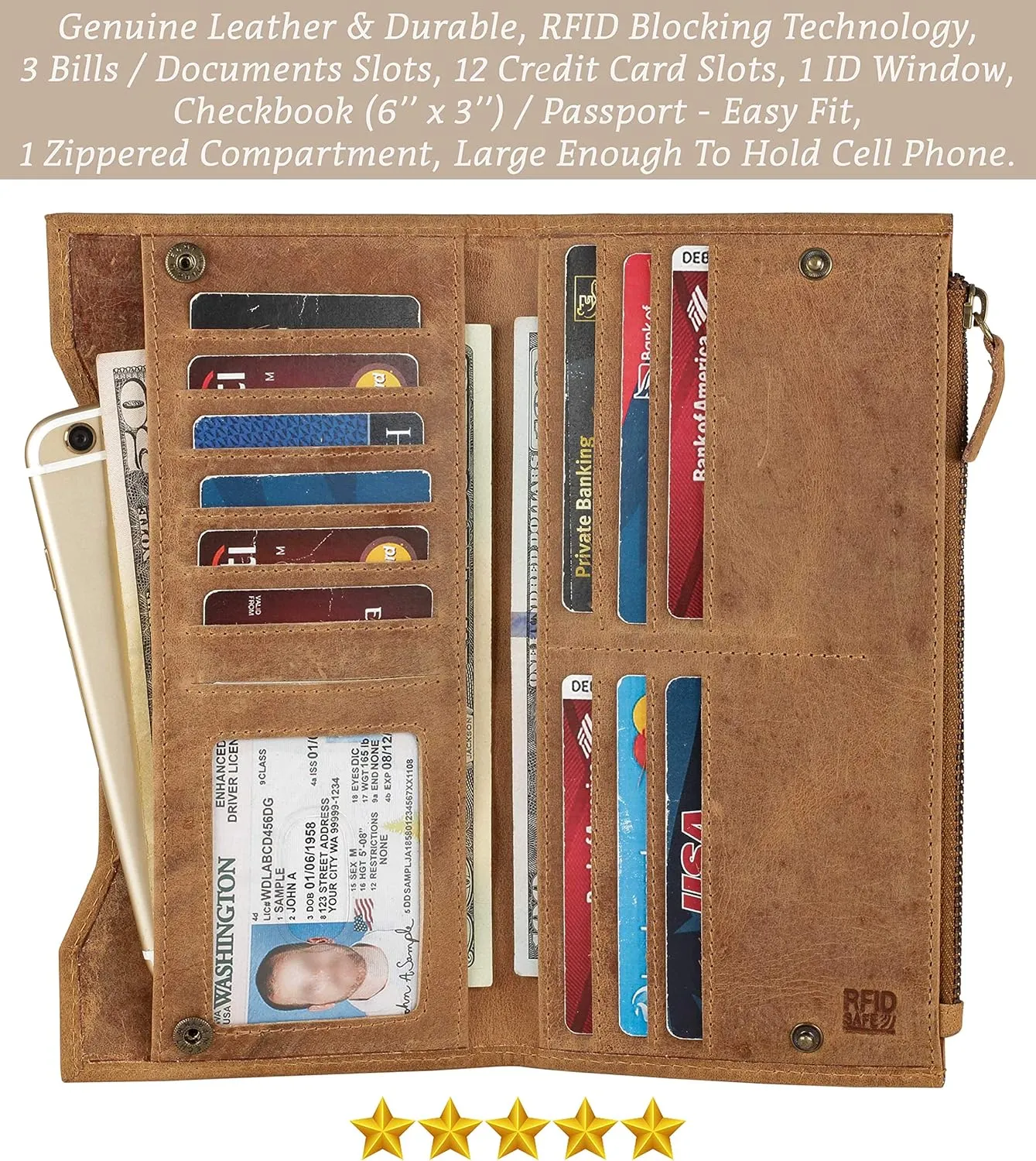 Mou Meraki Genuine Leather RFID Blocking Long Wallet – Vintage Bifold for Men